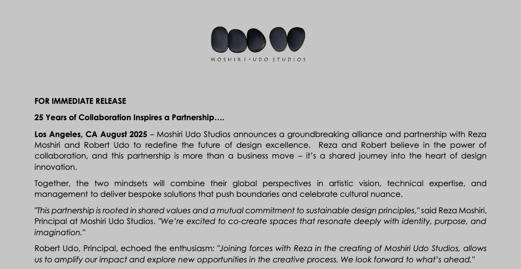 Moshiri-Udo Studios Press Release